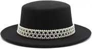 [QUUPY] Womens Wide Brim Fedora Hat with Pearl Band Classic Flat Top Hat