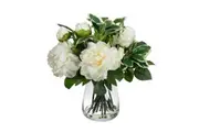 Glamorous Fusion White Peony & Rose Artificial Faux Plant Flower Decorative Mixed Arrangement 36cm In Glass