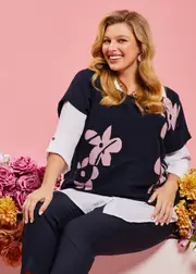 [TS] Taking Shape Flower Intarsia Cotton Knit Jumper Size 18-20 in Dark Indigo / Pink - Plus Size Women's Clothing Dark Indigo / Pink