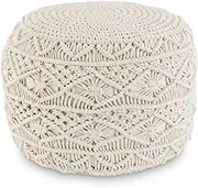 K&K Interiors 16691A 19 Inch Cream Macrame Pouf