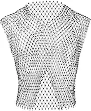 [PURFUN] Mens Rhinestone Crop Tops Fishnet Tank Top Sheer Mesh Sexy Shirt Vest Rave Outfit Music Festival Club Party Costume