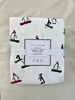 Pottery Barn Teen Penguin Organic Flannel Queen Sheet Set Holiday Ski Red Ivory