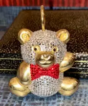 Judith Leiber Teddy Bear Baby Rattle Ornament Clear Crystals Red Bow Tie NWOT