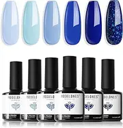 Modelones Blue Gel Nail Polish Set 6 Colors, Light to Dark Shades Royal Blue Sky Blue Glitter Navy Blue Nail Gel Polish Kit Soak Off Nail Art Salon Design Home Manicure Holiday DIY Gel Nail Kit