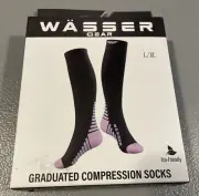 Wasser Gear Graduated Compression Socks. Black/Pink. L/XL. One Pair. NIB.