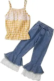 [Legou] Girls' Western-style plaid lace suspender top jeans flared pants two-piece set