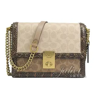 【全新現貨】茱麗葉精品 COACH 89068 Hutton 經典轉釦印花PVC拼接蛇紋皮革斜背鍊包.駝現金價$8,800