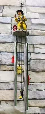 In Line of Duty Yellow Suit Fireman By Red Fire Hydrant Wind Chime Garden Decor