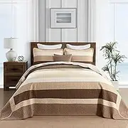 Finlonte 100% Cotton 128"x120" Oversized King Bedspread, Oversized California King Bedspread Coverlet Extra Large Quilt, Stripe Farmhouse Quilted Bed Spread Lightweight Bedding, Brown/Beige, 3 pcs