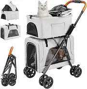 LPOTIUS Double Pet Stroller with Detachable Carrier for Medium Small Dogs and Cats, Lightweight Dog Stroller Travel Carriage with No-Zip Canopy Storage Basket One-Click Folding and One-Foot Brake