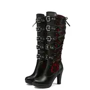 Women's Gothic Lace-Up High Heel Knee-High Boots with Multiple Buckle Straps - Steampunk Style Black Leather Boots with Red Lace Detailing, Perfect for Cosplay