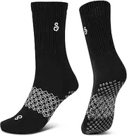 [hipSwan] Non Slip Pilates Grip Socks Crew Length For Reformer, Organic Cotton, Black Medium, Fits UK Shoe Size 7-9.5, Anti Slip Crew Midcalf Gripper Long Socks, Black, Medium
