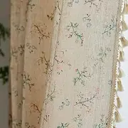 Floral Farmhouse Curtains Semi-Blackout Living Room Drapes 84 Inch Length Cotton Linen Blend Bohemian Window Curtain Panels with Tassel Beige Rod Pocket Bedroom Drapes, 1 Panel