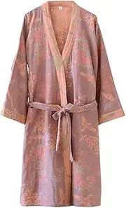 [PRINCESS BRIDE] Large Yarn-dyed Jacquard Gauze Cotton Breathable Nightgown Kimono Robe Yukata Cozy Bathrobe for Women(Pink-A)