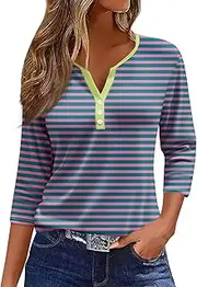 [Valtorixia] 3/4 Length Sleeve Women Henley V Neck Tops Casual Length Button Down Shirt Floral Print Blouses Plus Size Trendy Comfy Tees (color-b-22,Medium)