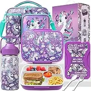 Unicorn Bento Box Set for Girls with Insulated Lunch Bag Lunch Box for Girls 5-12 with Water Bottle & Ice Pack Set Kids Lunch Box Girls with 5 Compartment Container for Toddlers Daycare Pre-School