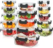 [stusgo] 15 Pack Glass Food Storage Containers with Lids, Airtight Leak Meal Prep Glass Containers, 3 Size Lunch, BPA Free，Reusable for Kitchen Organization (15 pcs Black)
