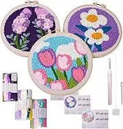 Punch Needle Embroidery Kit | Set of 3 Floral Art Needle Punch Coaster Kit for Beginners | Handmade Tufted Rug Pads, Art Work Decor Set, Crafting Supplies for Kids & Adults