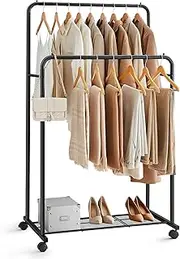 SONGMICS Double-Rod Clothes Rack with Wheels, Metal Clothing Rack for Hanging Clothes, Garment Rack with Mesh Shelf, Each Rod Holds up to 66 lb, for Bags, Shoes, Storage Boxes, Black UHSR26BKV1