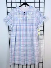 Miss Elaine Robe Womens M Blue Plaid Snap Front Pockets S/S Coastal Grandma NWT
