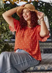 [Virtuelle] Taking Shape Natural Polka Dot Top Size 12 in RED Clay / White, Viscose - Plus Size Women's Clothing Red Clay / White