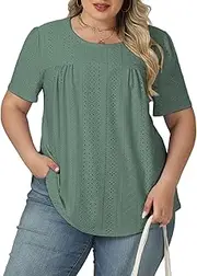 [VISLILY] Womens-Plus-Size-Summer-Tops Trendy Eyelet Embroidery T Shirts Cute Curved Hem Tunics Casual Short Sleeve Blouse Tees