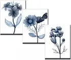 sechars 3 Piece Canvas Wall Art Navy Flower Painting Art Prints Blue 12x16"