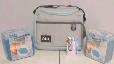 Olli Insulated Lunch Cooler Bag Double Ice Packs (8) Adj Strap Teal/Grey - NEW