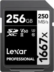 256GB Professional 1667X SD Card, UHS-II, C10, U3, V60, Full HD, 4K, up to 250Mb