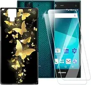 ESACMOT Golden Butterfly Pattern Case Compatible with Fujitsu Arrows NX F-02H + [2 Pack] Screen Protector Tempered Glass, Shockproof Case Cover for Fujitsu Arrows NX F-02H (5.4 inch)