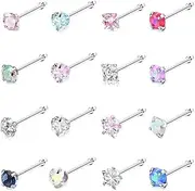 [FloralGrace] 16 Piece Hypoallergenic Nose Rings Stainless Steel Nose Studs for Women 3mm CZ Opal Labret Lip Nose Piercing Jewellery L Shaped Nose Rings