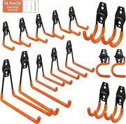 Sulishang 16 Pack Garage Hooks Heavy Duty, Utility Steel Garage Storage Hooks, Wall Mount Tool Organizer with Anti-Slip Coating for Garden Tools, Ladders, Bulky Items and More Equipment (Orange)