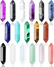 Modacraft 17Pcs Healing Crystals Stones Sets, Hexagonal Bullet Shaped Reiki Meditation Gemstone Chakra Tiger Eye Obsidian Quartz Wand Set Pendants with Storage Box