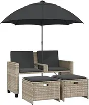vidaXL Garden Sofa with Parasol - 2-Seater PE Rattan Couch, Light Grey, Outdoor Patio Furniture with Footstools and Cushions
