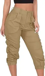 [WAJCSHFS] Pants for Women Hiking Casual Pants Baggy Lightweight Pants for Women Cargo Capris Pants with Pockets, Z04-khaki