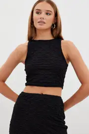 Black Tank Top Sleeveless Crew Neck Textured Jersey - Size S, Women's Tank