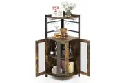 Giantex Corner Buffet Sideboard Storage Cabinet Corner Bar Organiser w/Glass Holder & Mesh Doors Wine Display Shelf Brown