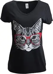 [Ann Arbor T-shirt Co.] Red Linda Glasses | Cat Sassy Funny Kitty Belcher Cute V-Neck T-Shirt for Women
