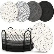 8PCS Cotton Rope Coasters Set with Metal Holder Heat Insulated Drink Placemats