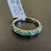 14K WHITE GOLD - EMERALD (.53Ct) DIAMOND (.37Ct.) BAND RING / SIZE 6.5