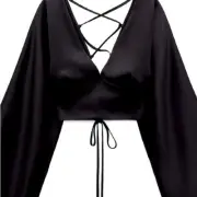 Zara Black Satin Open Crisscross Back V-Neck Crop Top/Shirt. Sz M. NWT!