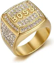 [Yonghao Pavilion] Hip hop Ring Titanium Steel Vacuum Plated Diamond Blocks BOSS Letter Men's Ring Hip hop Jewelry