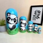 Cute Pandas Nesting Doll 5pcs 6” Kids Gift Toddler Room Decor, Wooden Matryoshka
