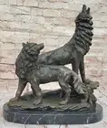Art Deco Bronze Sculpture Statue Figure Wolf Howling Dog Marble Base Figurine