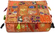 Indian Square Patchwork Traditional Pouf Cover Indian Living Room Poufs Decorative Embroidered Designer Ottoman Home Living Footstool Chair Cover Decor Pillow Cover 18x18x5 inches, Orange