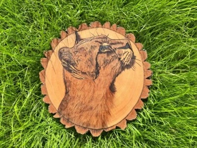 Handcrafted Pyrography Wood Burning Wall Art Decor Mountain Lion-Signed-USA Rare