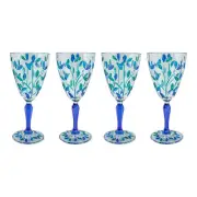 Set of Four 4 Murano Glass Wine Blue Green Floral Hand Painted Venice Italy