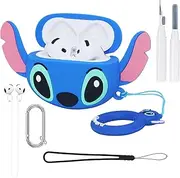 for Airpods 4 4th Generation Case Stitc - Cute Cartoon Kawaii Cool Animal Silicone Case Skin for AirPods 4 Gen Case Cover Funny with Keychain, Cleaner Pen Kit 5 in 1 Accessories Set for Boy Girl, Blue