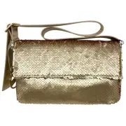 Nicole Miller Gold Sequin Shiny Strap Shoulder Bag Purse Logo Formal Dressy New