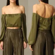 NWT Alice and Olivia Silk Olive Green Peasant Top Size Small